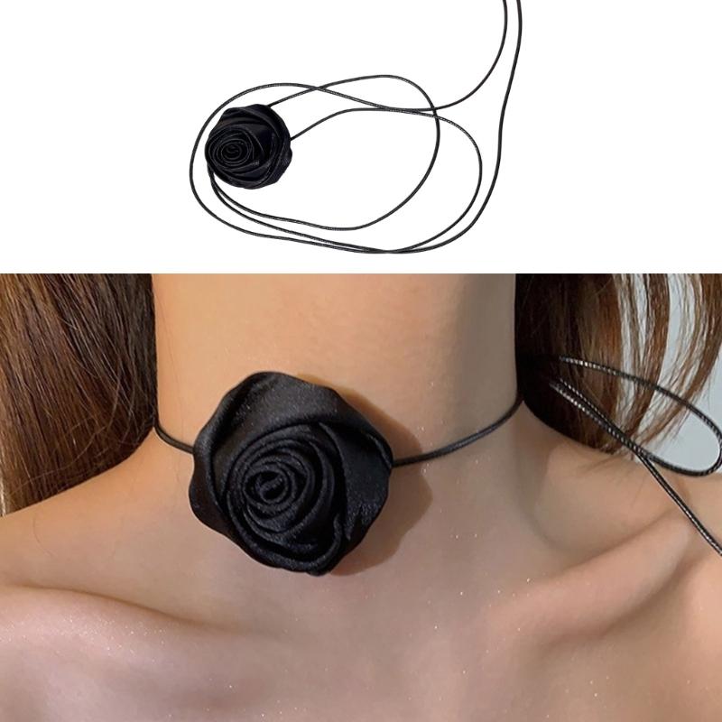 Simple Rose Flower Neckband Choker Necklace Jewelry Women Clavicle Chain Necklace Temperament Long Lace up Neck Chain