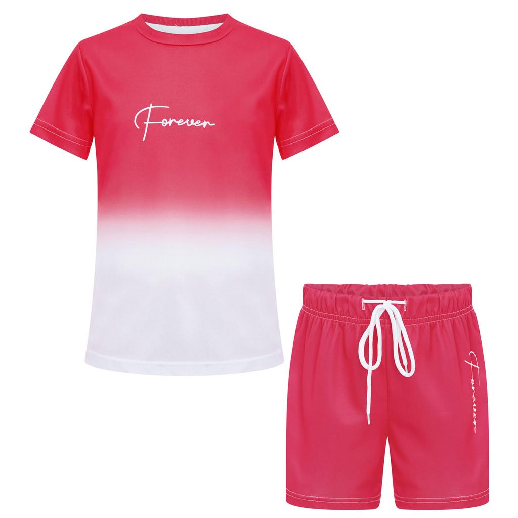 Boys Letter Print Gradient Sports Set Quick Drying Short Sleeve T-Shirt Drawstring Elastic Waist Shorts