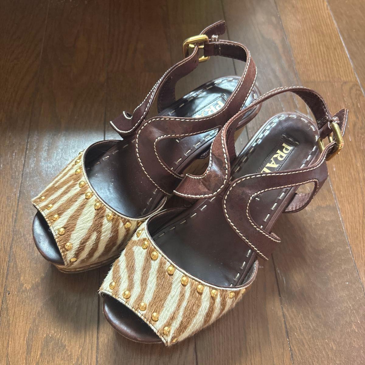 Used [Very Rare] PRADA Leopard Print Sandals Platform Sandals Brown Wedge Sole
