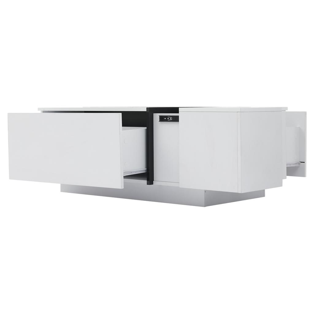 Modern White Square Coffee Table, Patchwork Colors with High-Gloss Look, 100 X 60 X 40 Cm – Four Drawers, Sliding Tabletop, Load Capacity Up To 30 Kg