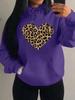 Women's Loose Leopard Heart Print Fleece Hoodie