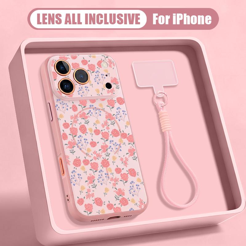 INS Floral Pattern Hand Strap Case For iPhone 17 Pro Max iPhone 16 15 14 13 Pro Max Magnetic For Magsafe Hybrid TPU+PC Matte Cover