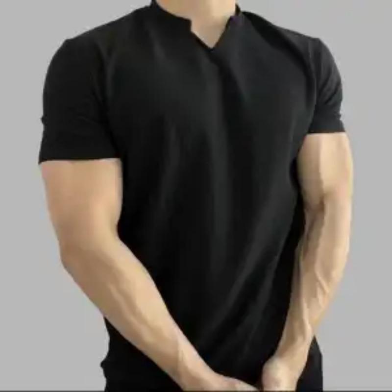 Mens Casual Solid Color V Notch Collar Short Sleeve T Shirt
