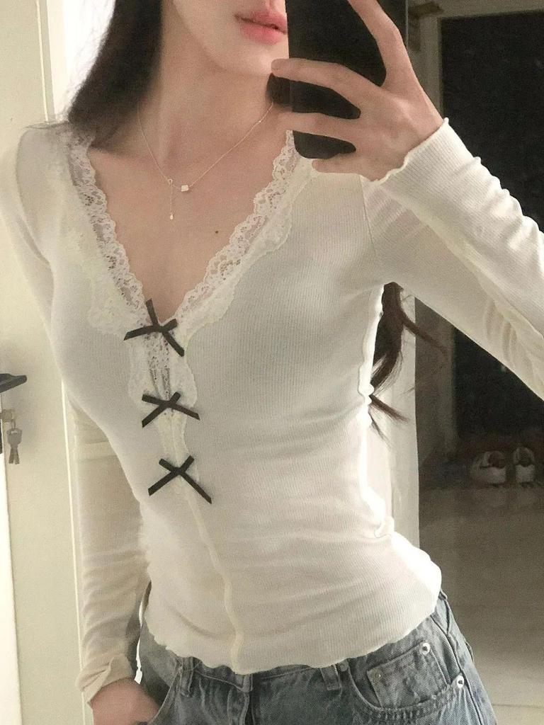 Women's Autumn Lace Trim Bow Slim Fit Long Sleeve Top