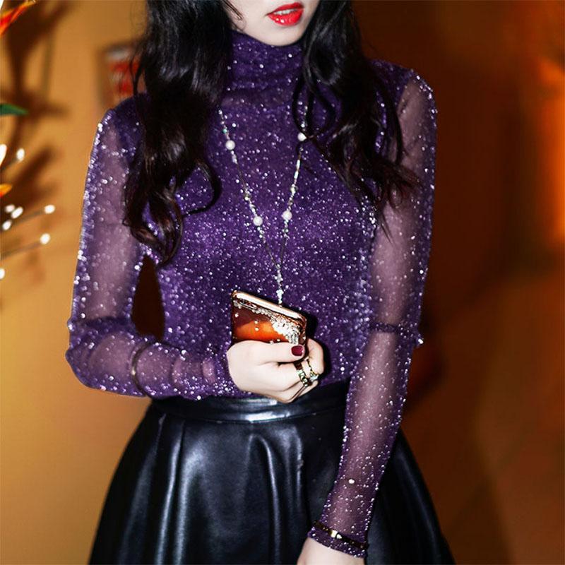 Thin Long-sleeved Lace Shirt Women's Hickened Bright Silk Gauze Long-sleeved T-shirt with A Bottoming Shirt