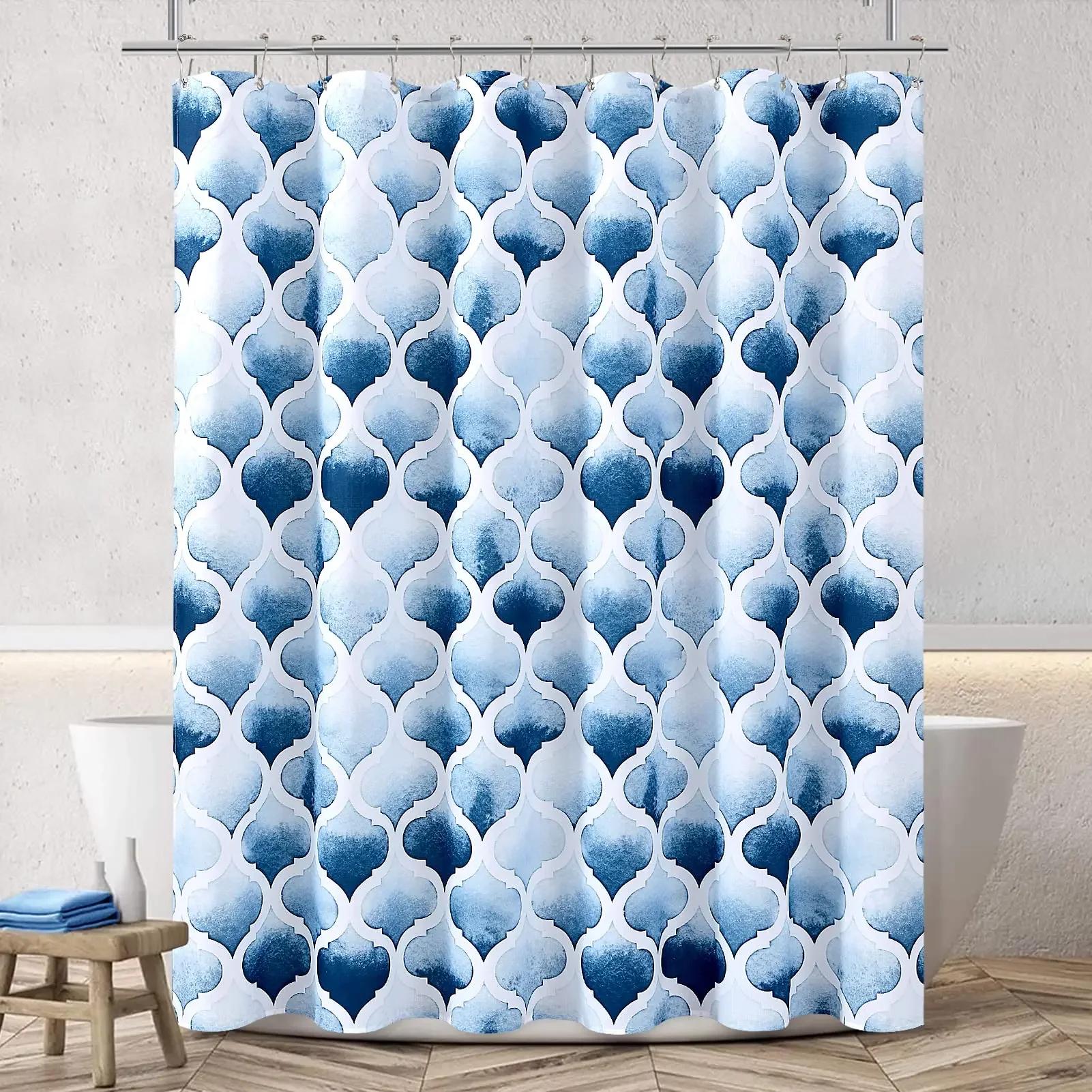 

Moroccan Shower Curtain Blue Watercolor Geometric Quatrefoil Shower Curtains For Bathroom Retro Texture Fabric Bathroom Curtain W60H190(CM)-1 Pcs