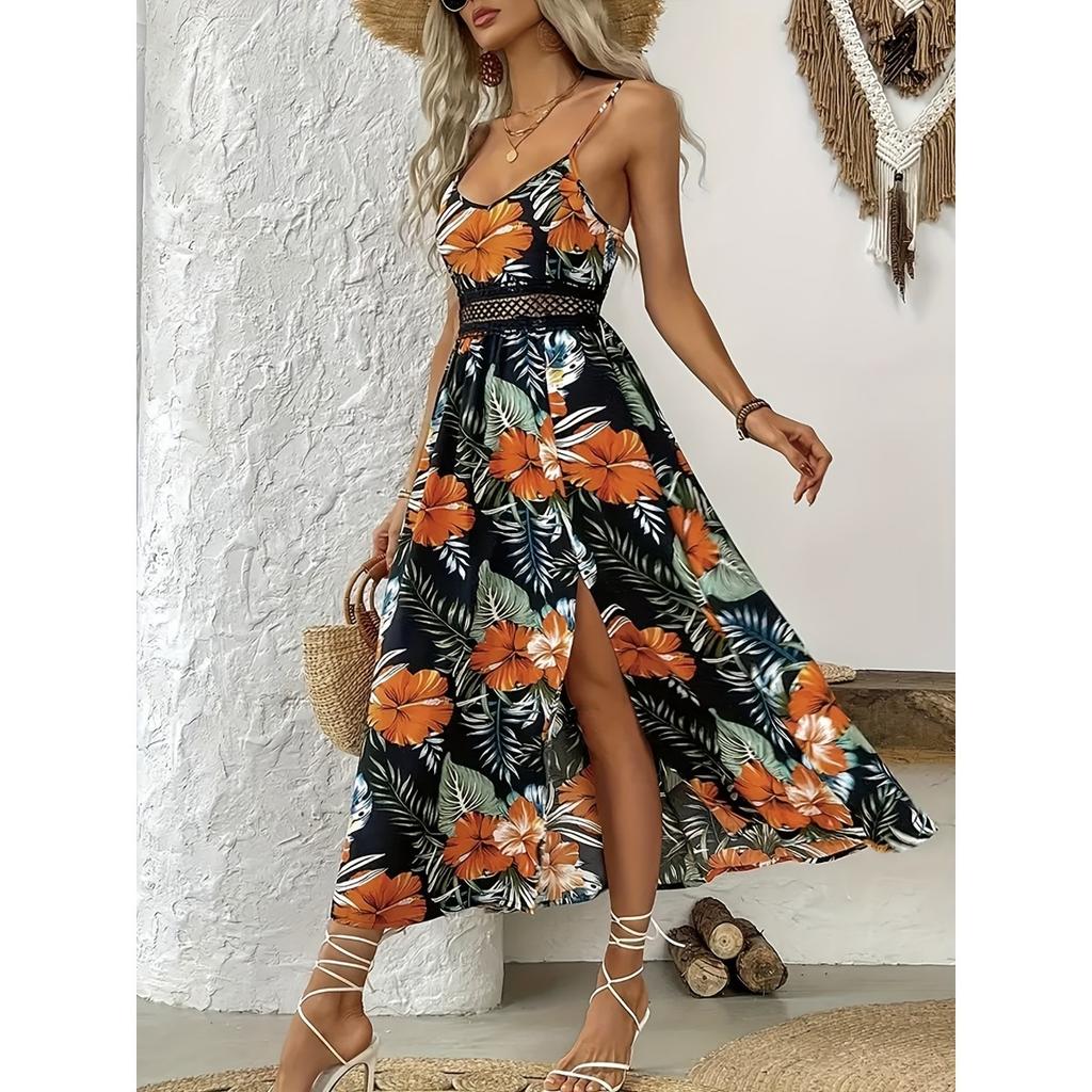 Damenkleid, Bedruckt, Träger-V-Ausschnitt, Häkelstich, Schlitzkleid, Geblümt, Bedrucktes Kleid