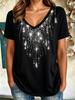 Women V‑Neck Short Sleeve T‑Shirt Starburst Draped Faux Rhinestone Print Loose Casual Party Ladies Tops