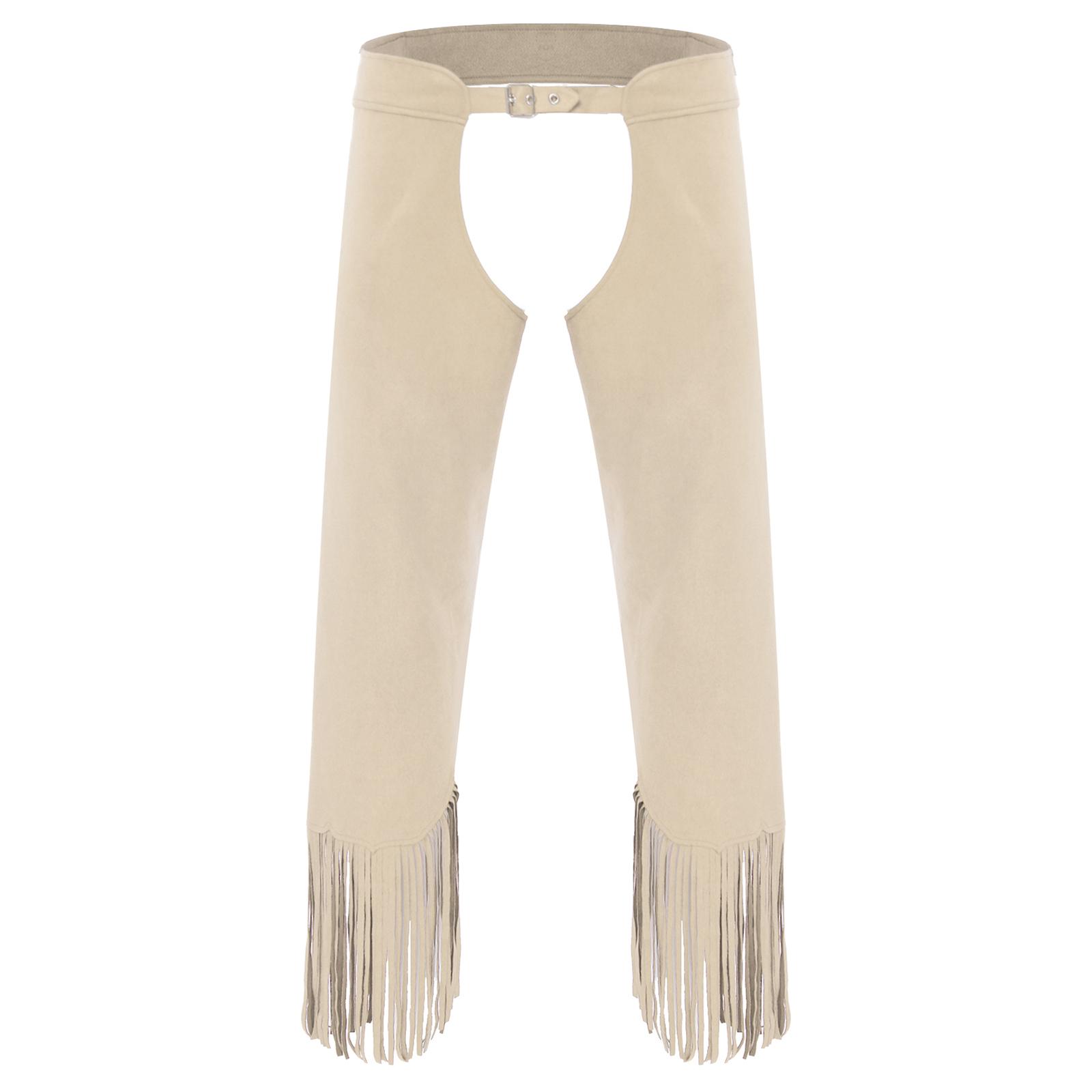 YDT-adult Heren Vintage Cowboy Chaps Verstelbare Gespriemen Open Kruis Split Franje Suède Leer Broek voor Halloween M beige