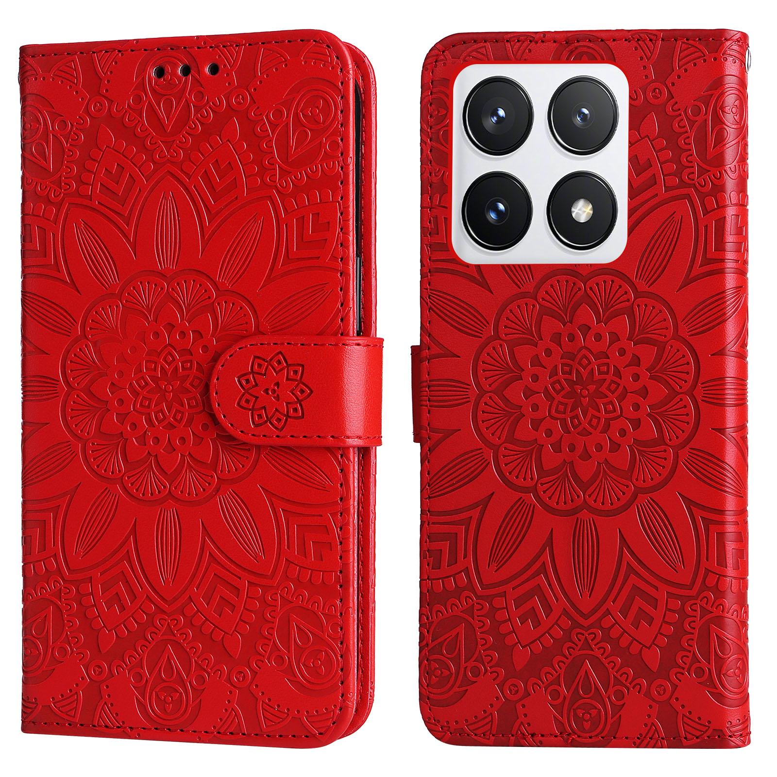 

For Xiaomi 14T Pro Case Sunflower Imprint Leather Wallet Phone Cover Red
