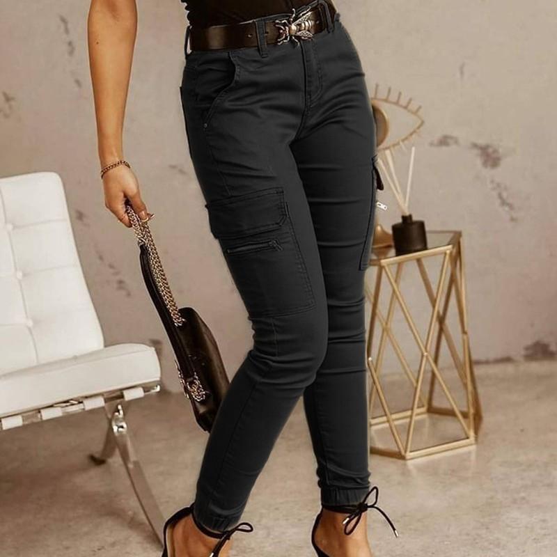 European and American Women's Pants Waist Button Solid Color Pocket Leg Overalls