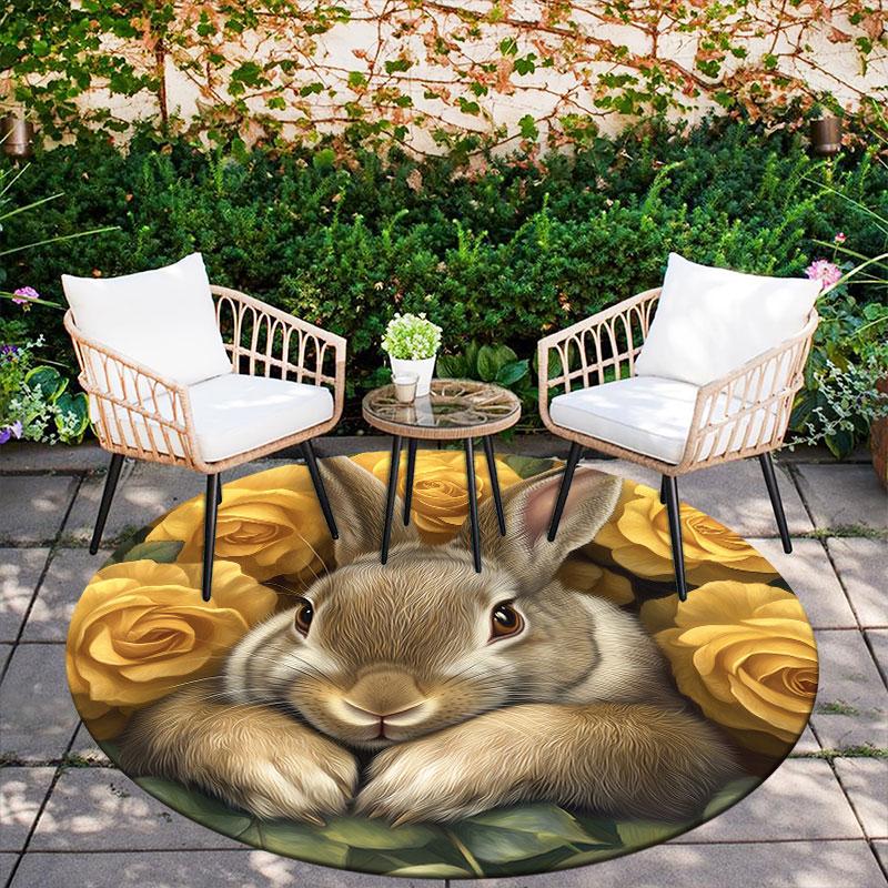 Rabbits & Fresh Flowers pattern round rug,Carpet Rug for Living Room Bedroom Playroom ,Non-slip Floor Mat,Holiday Gifts and Birthday Gifts.