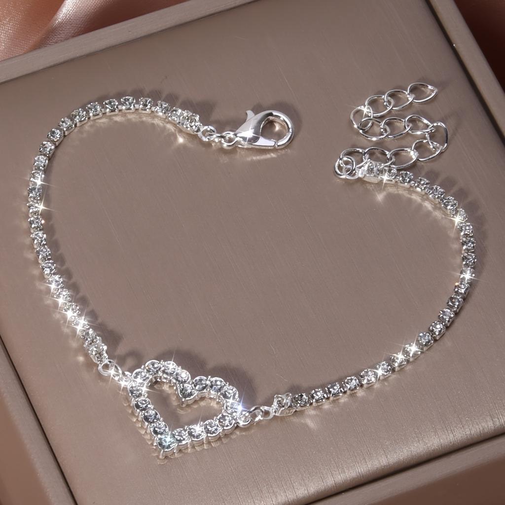 Valentine's Day - Themed Adjustable Chain Bracelet with Hollow Heart Shape Studded with Sparkling Rhinestones