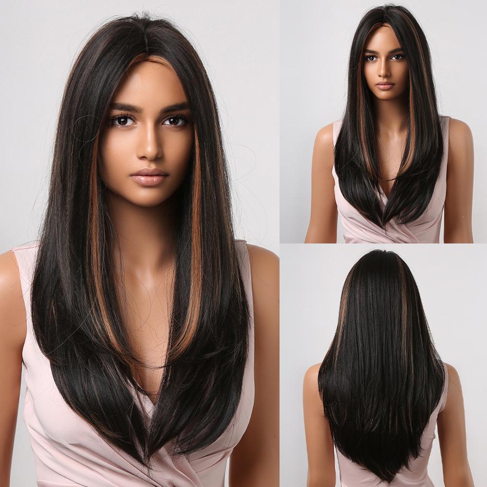Long Straight Synthetic Wig with Bangs Dark Black Gray Hair Wigs for Women Cosplay Natural Hair Heat Resistant Layered Wigs