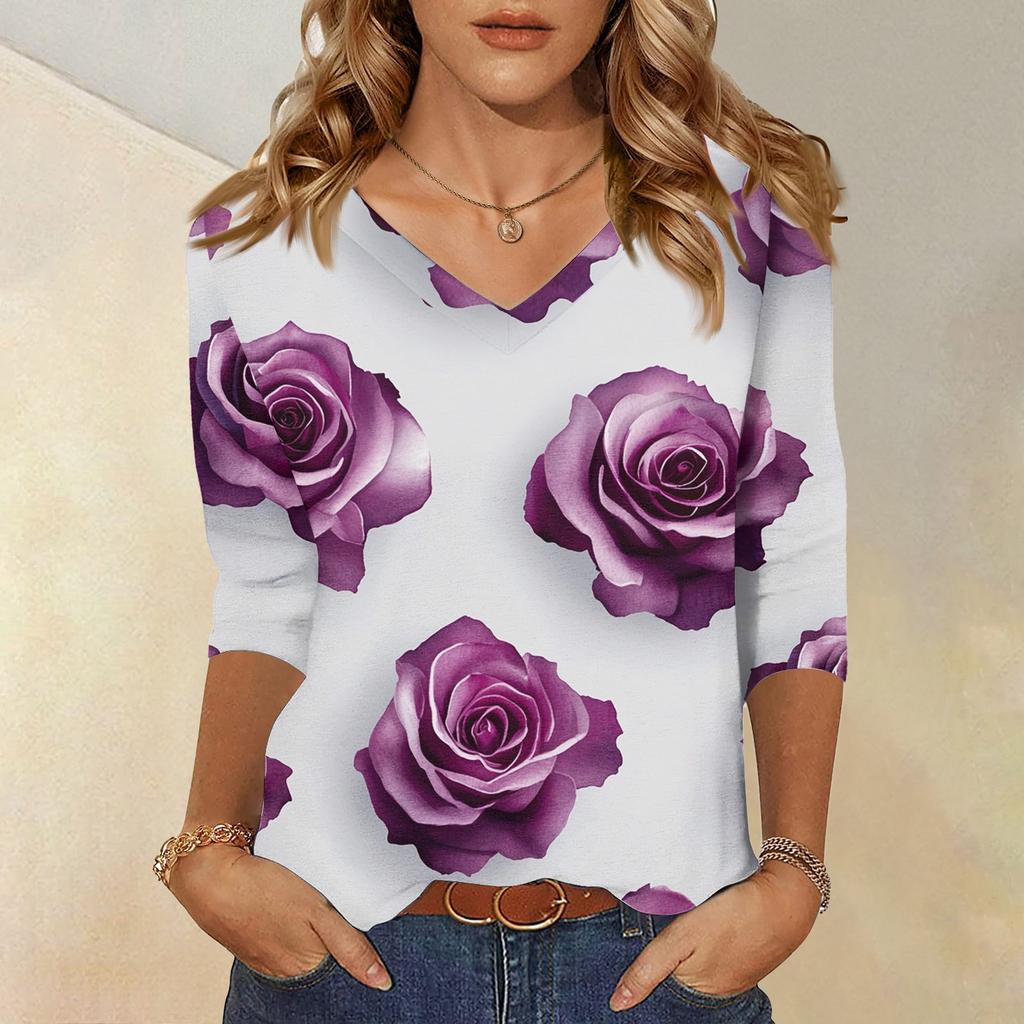 Women's Tops Three-quarter Sleeve Shirt V-neck Loose Casual Shirt Floral Printed T-shirt