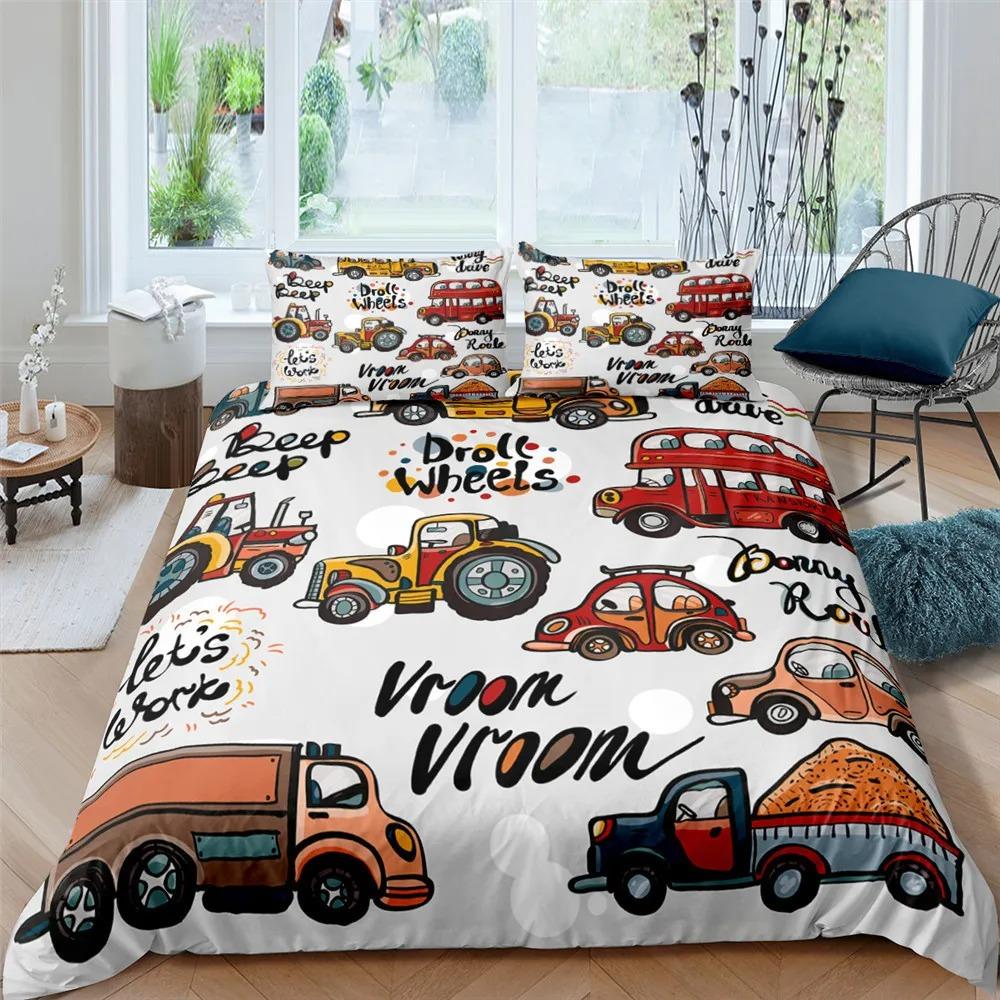 Boys Cartoon Car Bedding Set Full Construction Vehicles Comforter Cover Kids Cartoon Machinery Truck Soft Polyester Duvet Cover