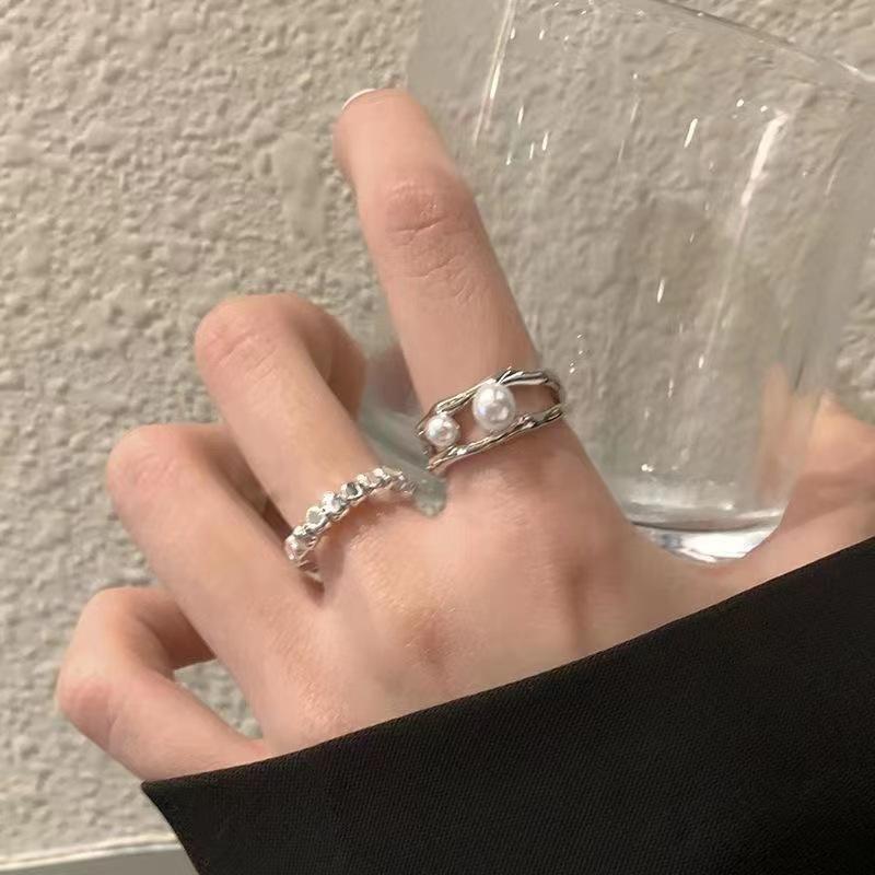 Pearl Irregular Plain Ring Double-Layer Ring Female Niche Design Simple Personality Index Finger Ring Opening Adjustable Ring