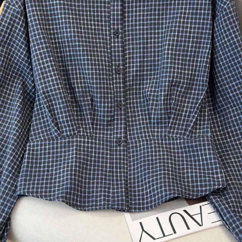 Korean Spring Casual Plaid Blue Women's Cropped Waist-Cinching Long Sleeve Shirt