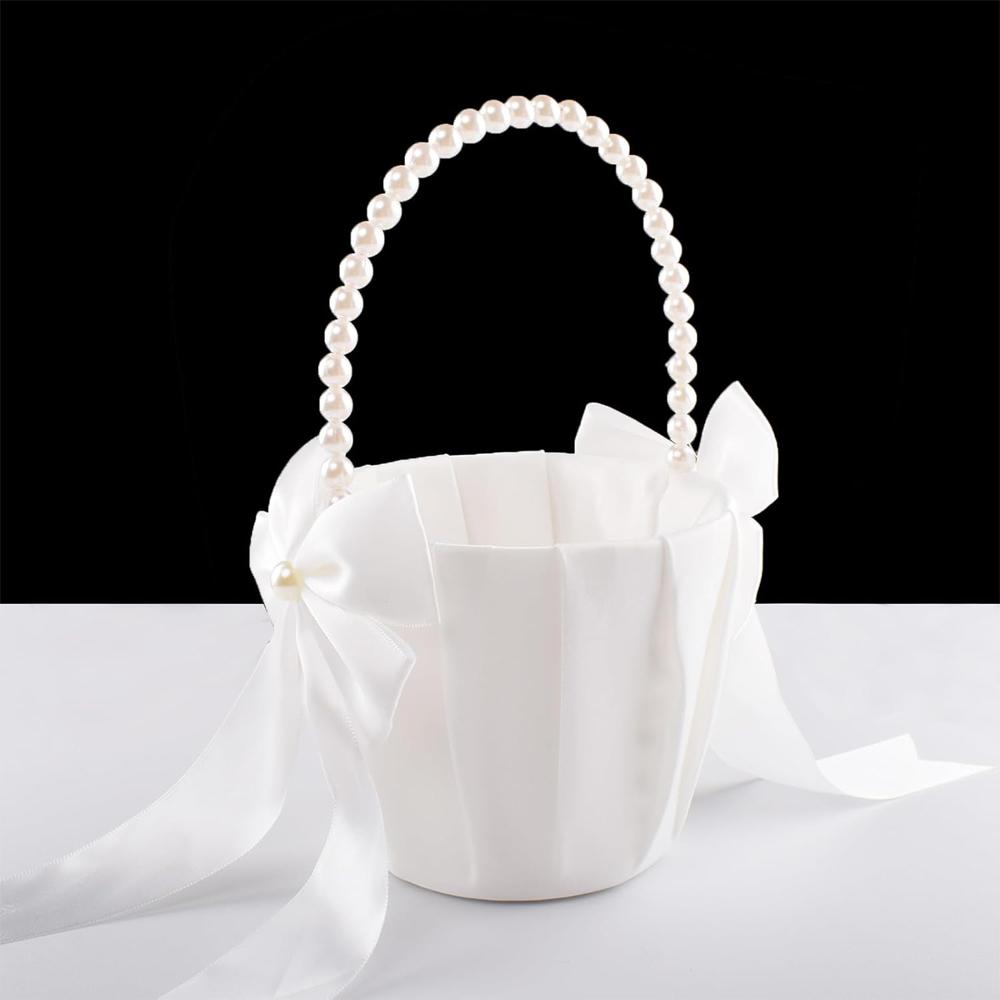 Cestas de Flores para Daminhas de Casamento com Alça Fofa de Pérola Laço Cestas de Flores de Cetim para Cerimônia de Casamento, Marfim