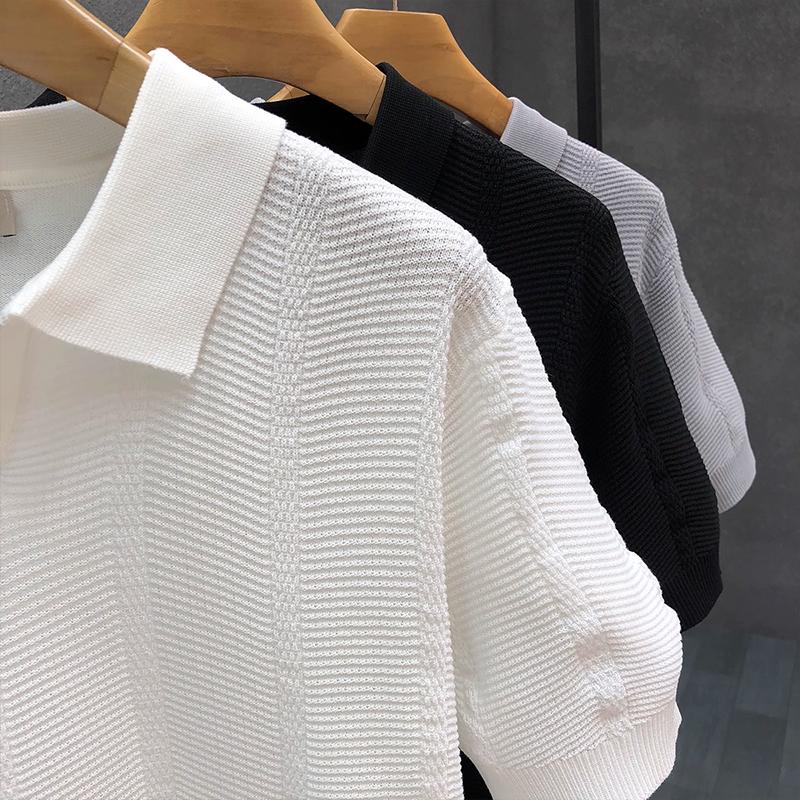 Americká retro volná texturovaná pletená polokošile pro muže Letní retro tričko s límečkem, prodyšné, ve stylu old money, s krátkým rukávem