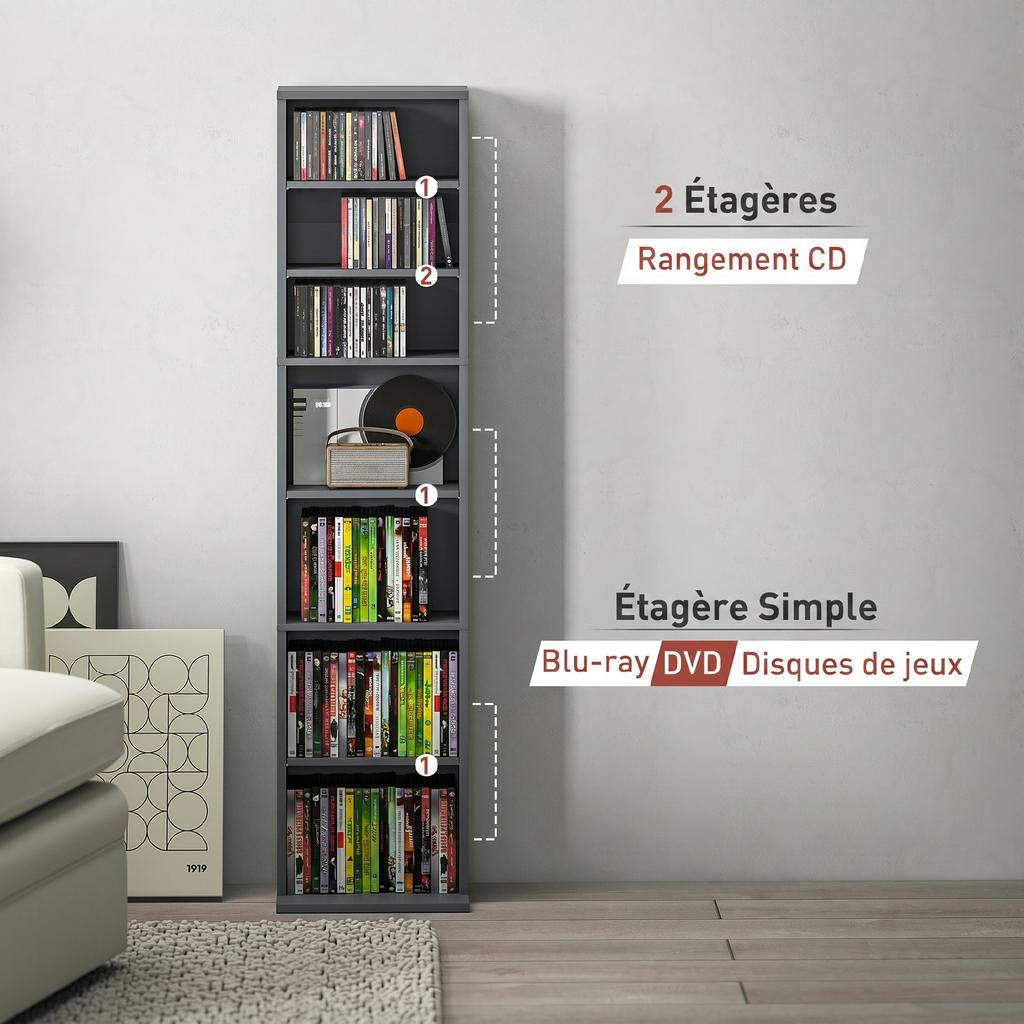 CD/DVD Storage Unit, 9 Compartments, 6 Adjustable Shelves, 260 CDs/120 DVDs, 33 x 24 x 140 cm, Grey