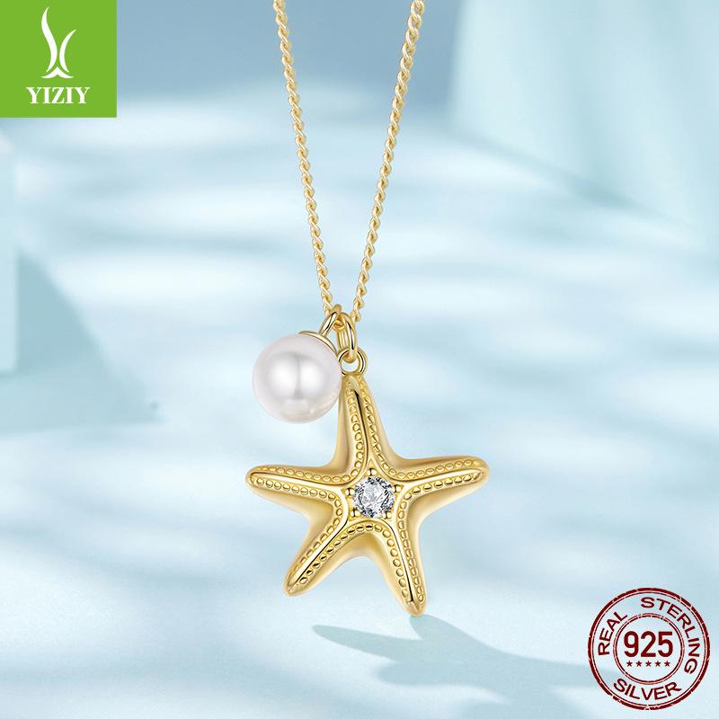 

Ожерелье-подвеска из жемчуга в виде морской звезды, покрытое K-золотом, серебро 925 пробы, летнее повседневное ожерелье, чокер, цепочка для ключицы 925 silver