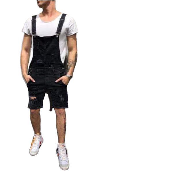 European & American Style Men's Slim Fit Ripped Denim Overalls, High-Waisted Work Shorts