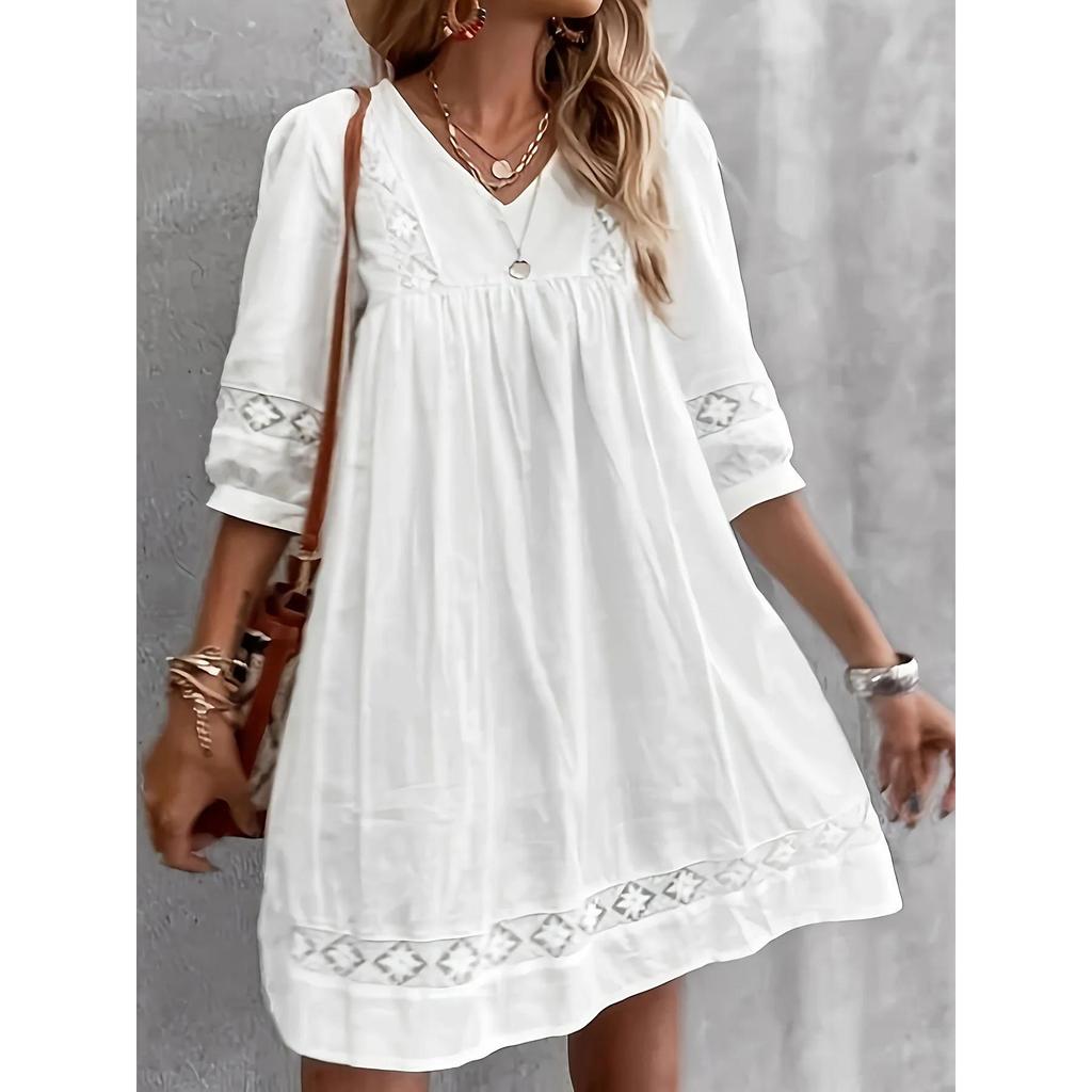 Vestido de fiesta holgado con escote en V y manga 3/4 con costuras de encaje para mujer