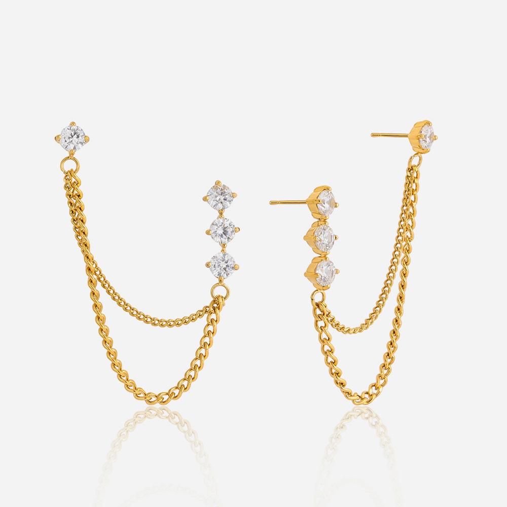 Jingqiao Stainless Steel 18K Gold Plated White Zircon Tassel Earrings Chain Classic Women