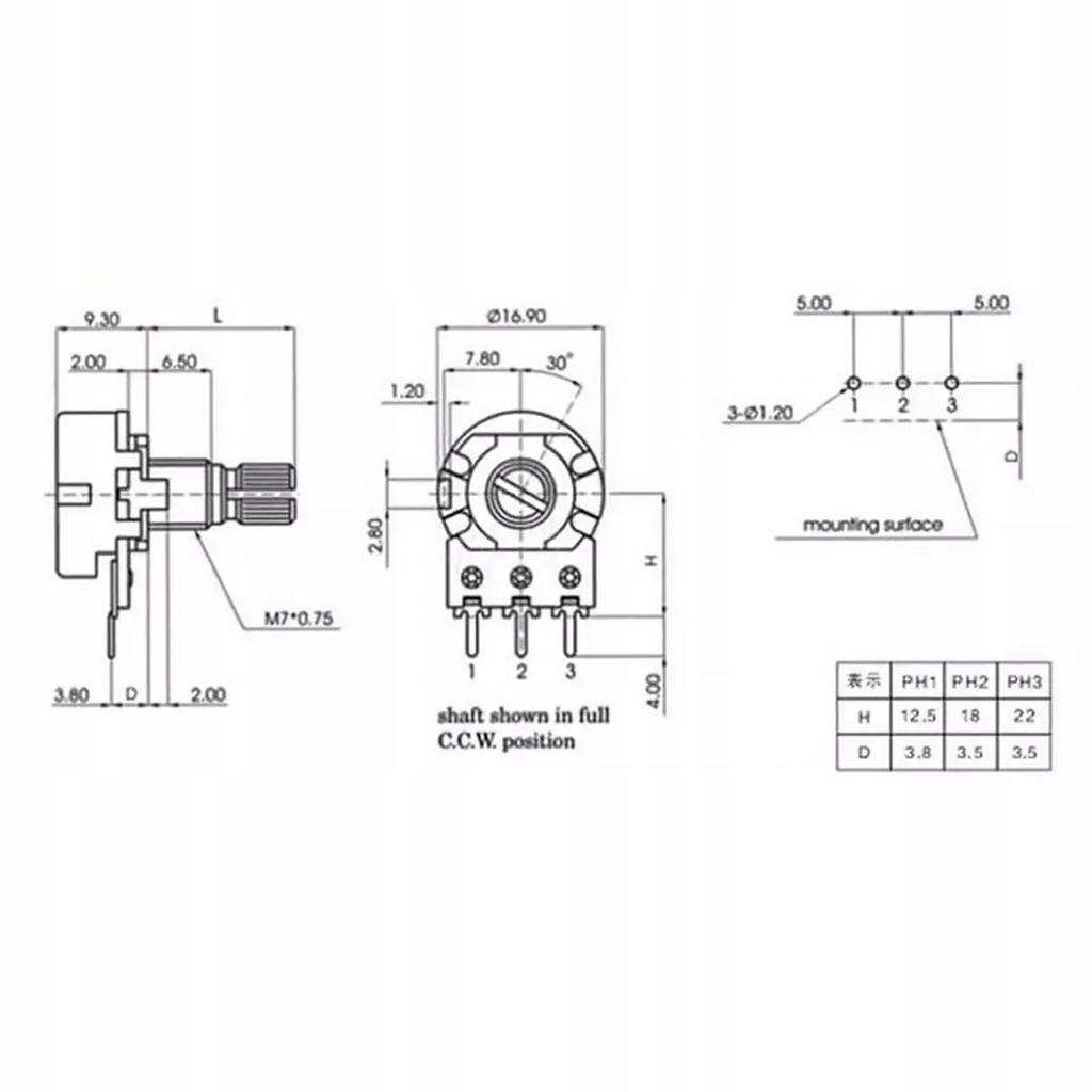 Rosfix Potencjometr Liniowy Obrotowy B10K – Wartość 10K Ohm | Metalowa Obudowa | Kąt Obrotu 300° | Tolerancja +/- 20%
