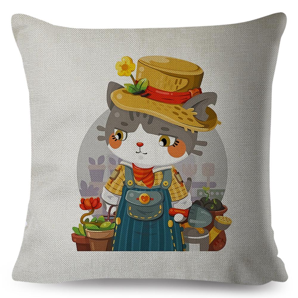 Adorable Cat Character Cushion 45x45cm Original Fantasy Theme Illustration High Resolution Print Woven Fabric Cover
