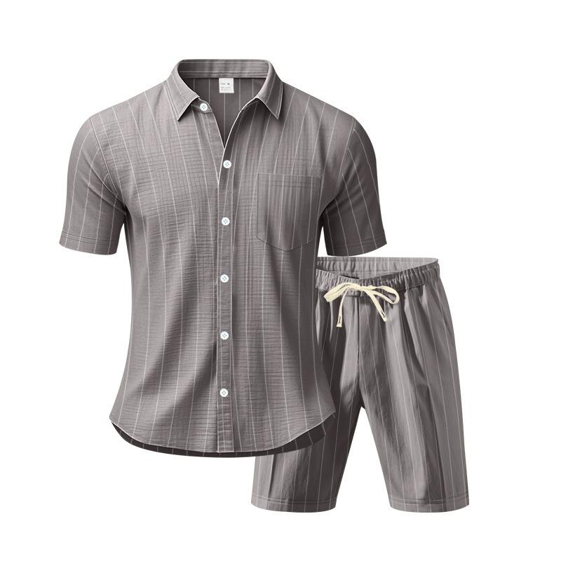 Summer Linen Suit Men's Striped Jacquard Loose Short Sleeve Shirt Beach Shorts Two-piece Set