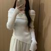 Women's Square Neck Knitted Sweater Autumn Winter Slim Knitted Base Layer Long Sleeve Pullover Irregular Knit Top