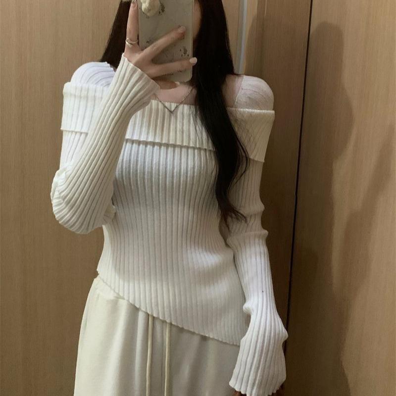 Women's Square Neck Knitted Sweater Autumn Winter Slim Knitted Base Layer Long Sleeve Pullover Irregular Knit Top