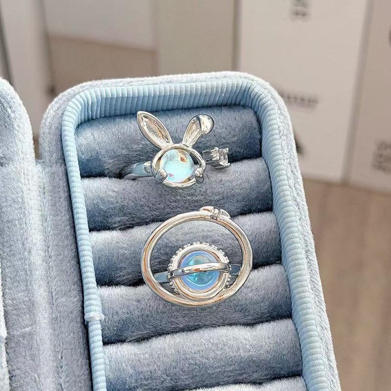 Moonstone Cute Rabbit Open Ring Planet Niche Design High-End Temperament Stacking Wearing Personalized Sweet Ring