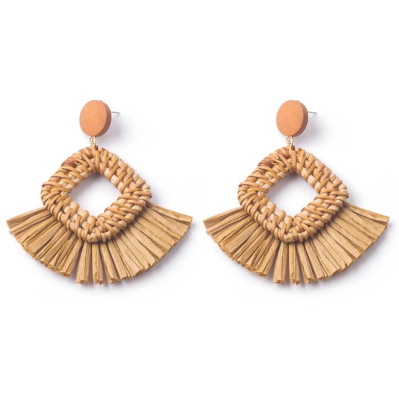 Hand-Woven Geometric Rattan Raffia Earrings, Retro Resort Fan Stud Earrings, Earrings For Women