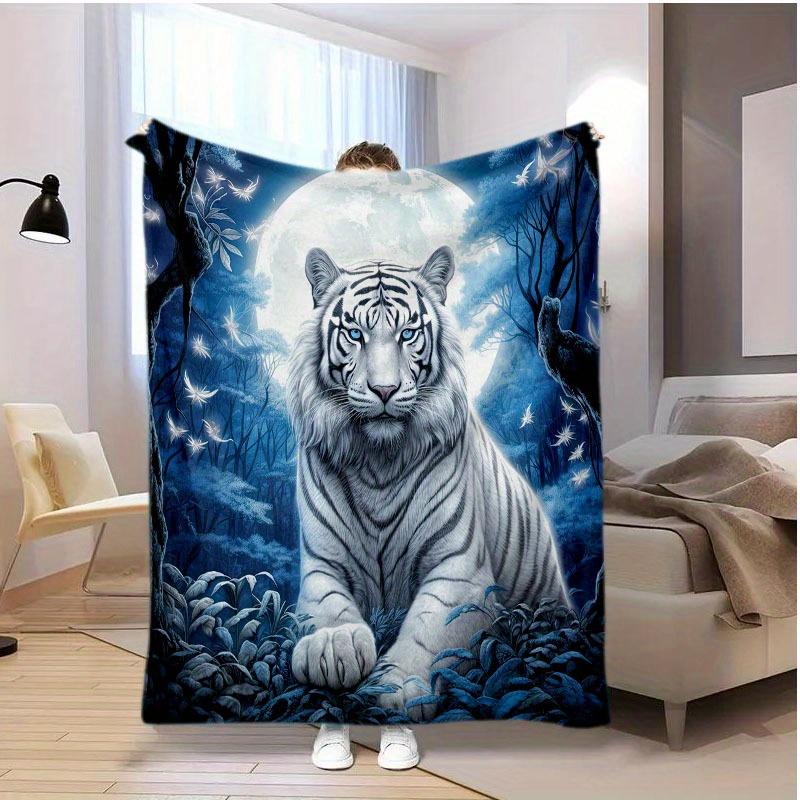 Moonlight Forest Tiger Blanket - Soft Flannel Throw with Majestic White Tiger & Full Moon Design, Cozy All-Season Blanket for So 75X95CM