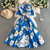 French Wear Temperament Printed Lapel Shirt Dress Women's Summer Vacation Style Strap Waist Skinny Long Dress