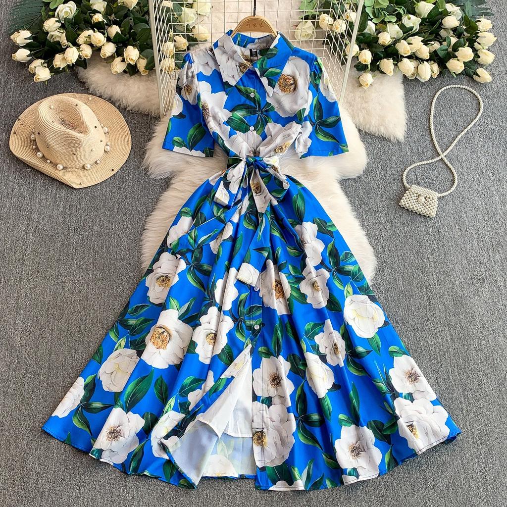 French Wear Temperament Printed Lapel Shirt Dress Women's Summer Vacation Style Strap Waist Skinny Long Dress