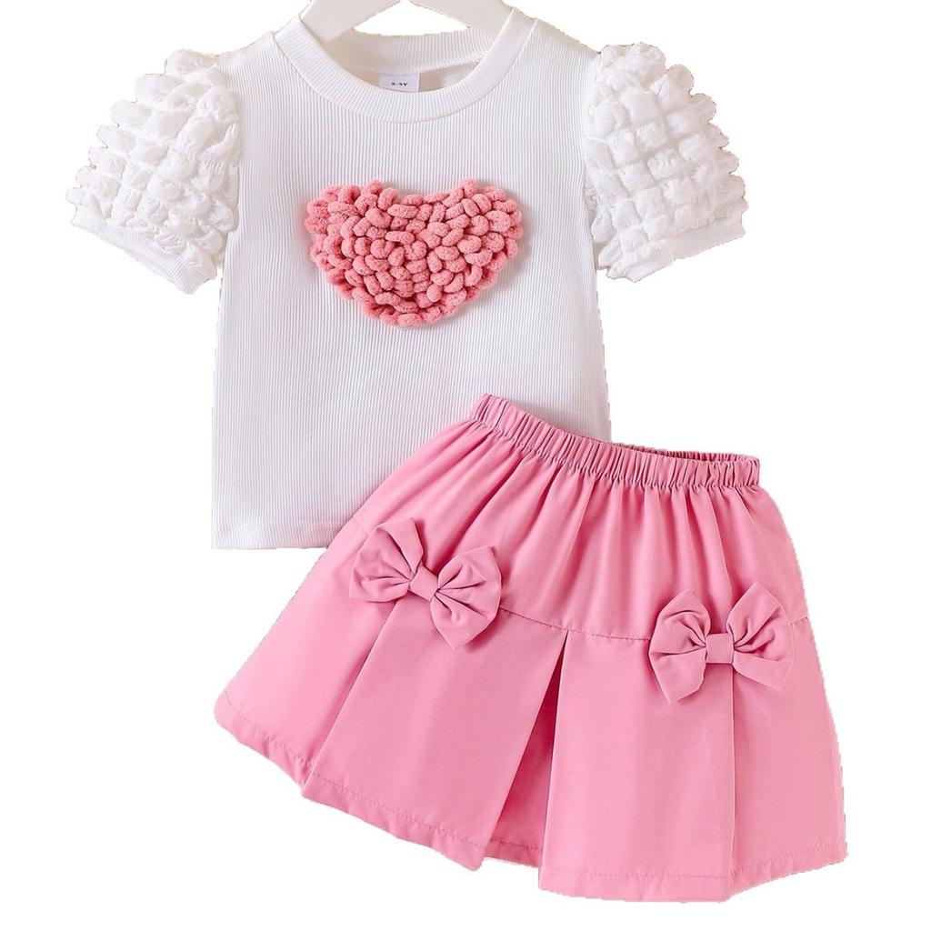 Summer Girls' Fashion Set: Cute and Heart-shaped Puffed-sleeve Short-sleeved Top and Short Skirt for Children