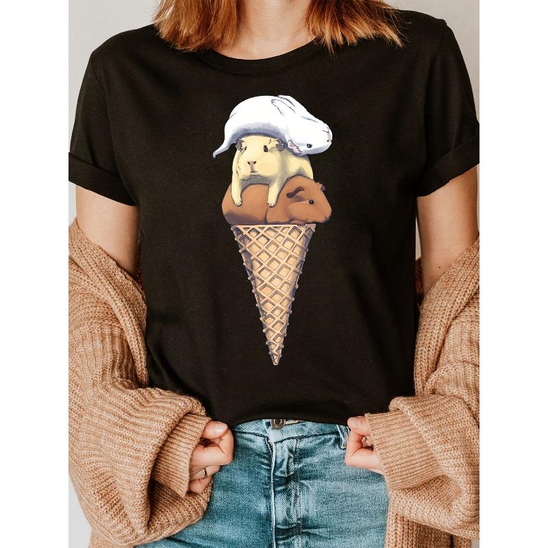 Guinea Pig Ice Cream Fashion Letter Print T-Shirt, Short Sleeve Crew Neck Casual Top for Summer & Spring, Women's Clothing