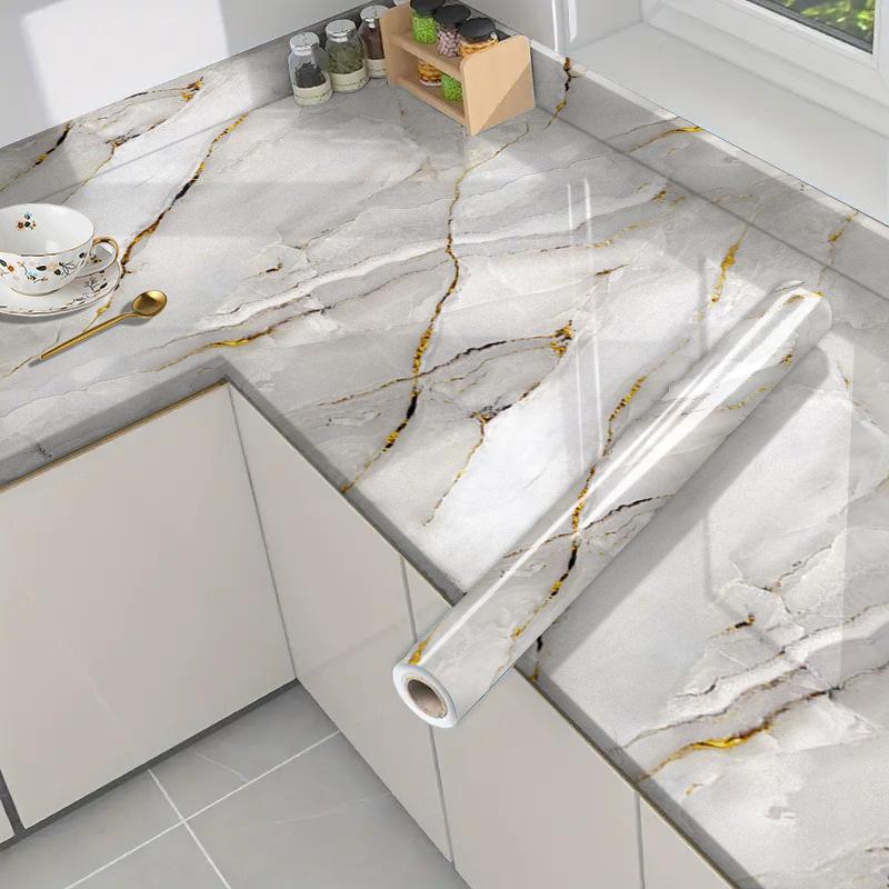 Self-Adhesive Gold Foil Marble Wallpaper Peel & Stick, Waterproof Oil-Proof Kitchen Backsplash Countertop Sticker, 5-Layer PET Wall Decal for Furnitur
