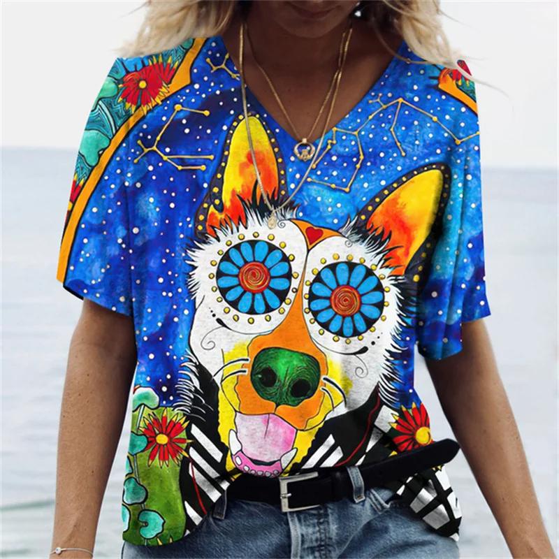 Summer Vintage V-neck Women's T-shirt Loose Jumper Skull 3D Printed Short-sleeved Shirt Harajuku Plus Size Women's T-shirt Top
