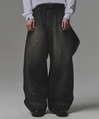 NOT4NERD Stud Incision Curved Denim Pants - Black