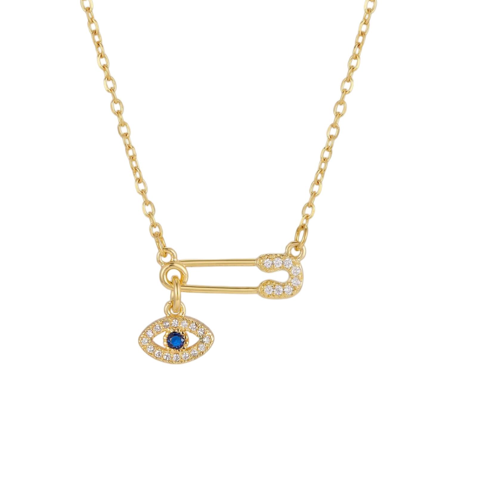 Protection Amulet Necklace Gold Plated Safety Pin Cross Blue Evil Eye Coin Charms Jewelry for Women Waterproof 44cm-49cm
