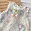 Abito estivo da bambina in pizzo senza maniche Abito con scollo all'americana floreale Abito da principessa stile vacanza