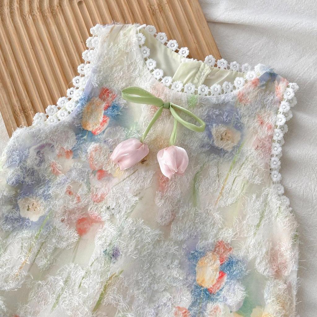 Abito estivo da bambina in pizzo senza maniche Abito con scollo all'americana floreale Abito da principessa stile vacanza