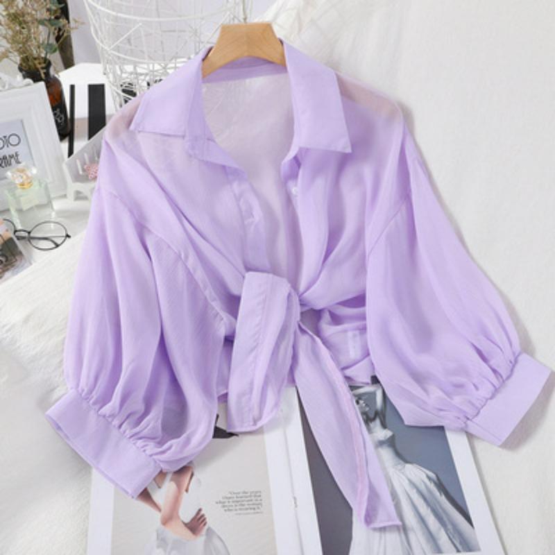 Casual Loose Hollow White Clothes Elegant Solid Color Tied Waist Blouse Women Summer Bat Half Sleeve Button Chiffon Shirt