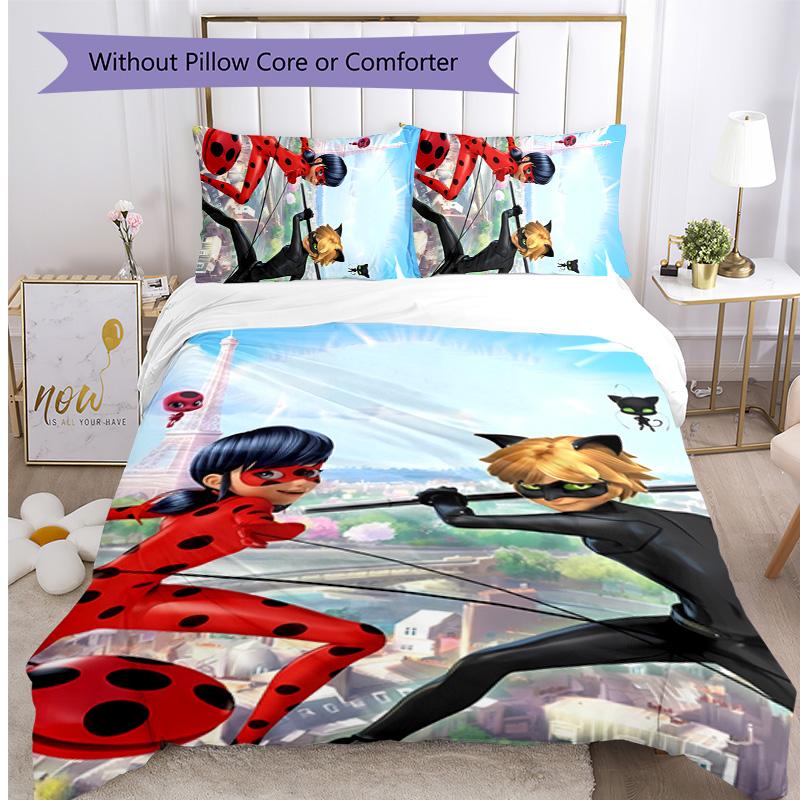 Miraculous Ladybug Cartone Animato Stampato Set Biancheria da Letto 3 Pezzi Copripiumino Morbido Traspirante Federe Set Lavabile Decorazione Camera da Letto Regalo per la Casa