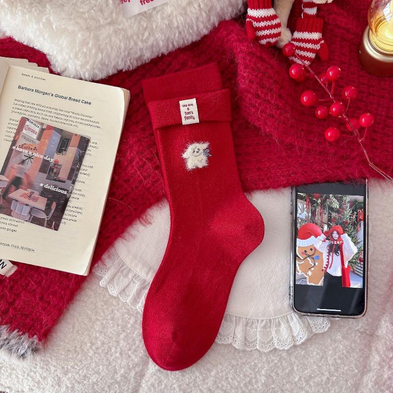 New Year's Wool Red Socks Thickened, Warm and Festive. Female Bow, Little Dog Fair Island Sweet Mid-calf for Autumn and Winter